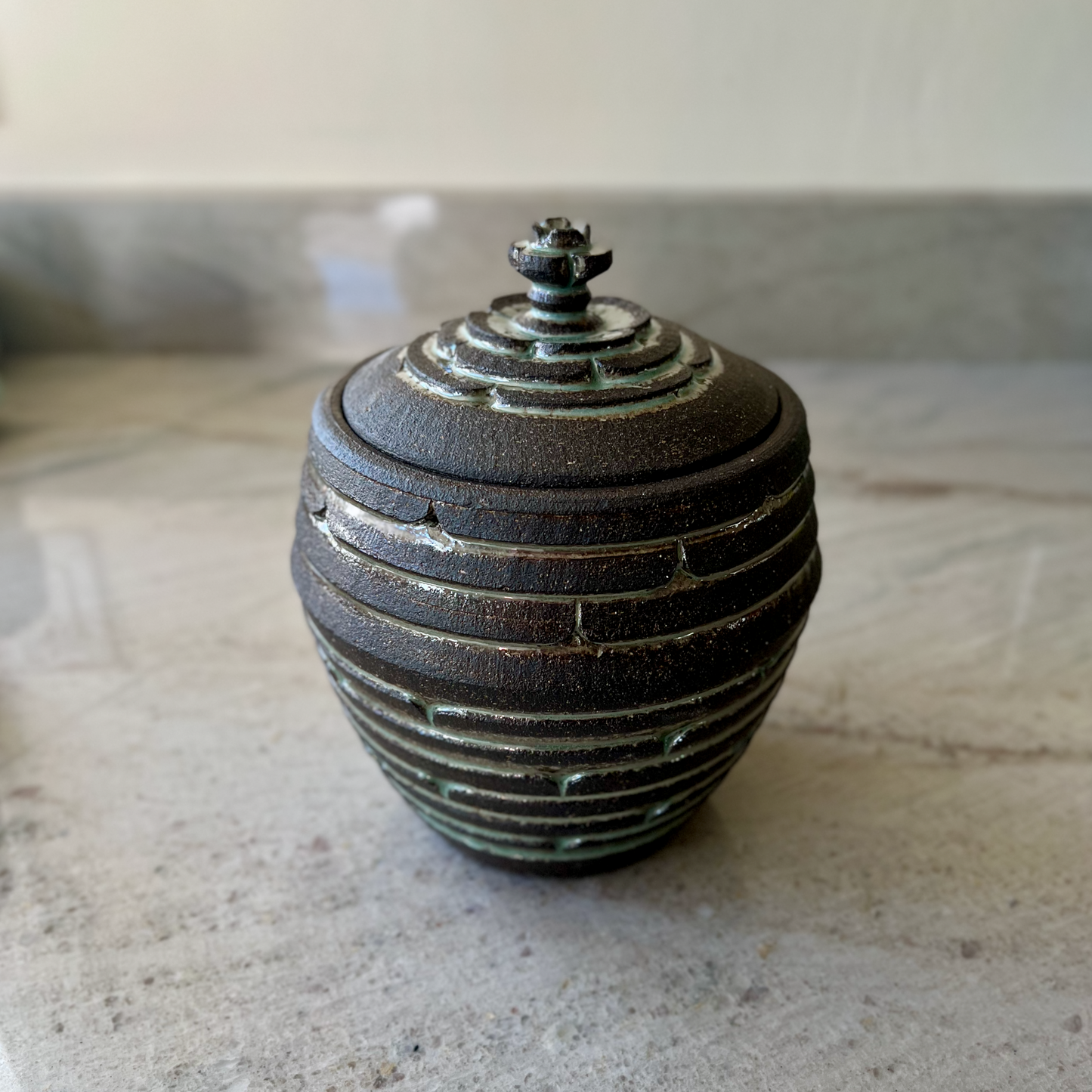 Large Charcoal Jar, Blue Green Glaze