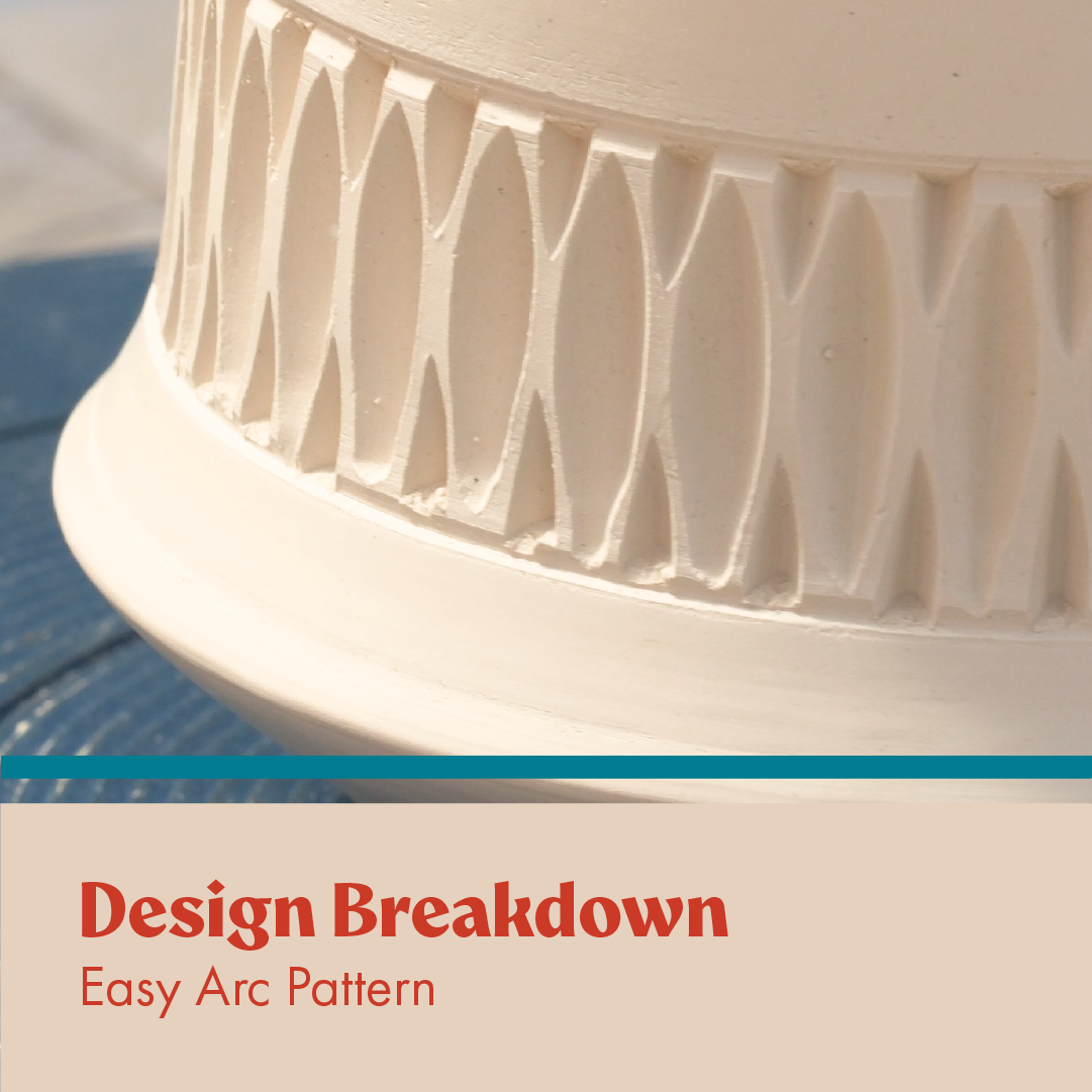 Ceramic cup with carved pattern and graphic displaying design breakdown title