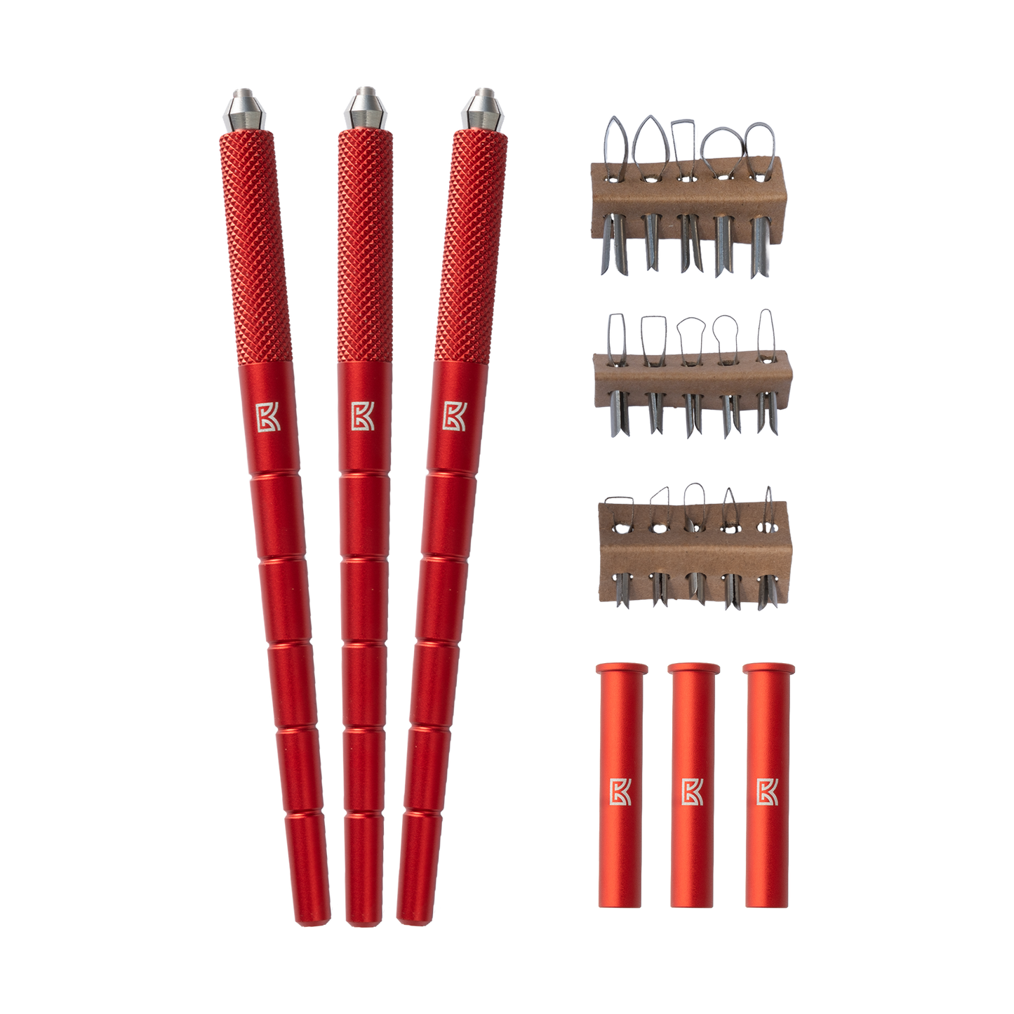 arrangement of red dragonfly pottery carving tools next to accessories and blade packs. 