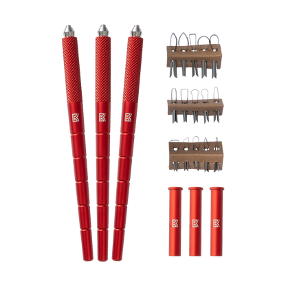 arrangement of red dragonfly pottery carving tools next to accessories and blade packs. 