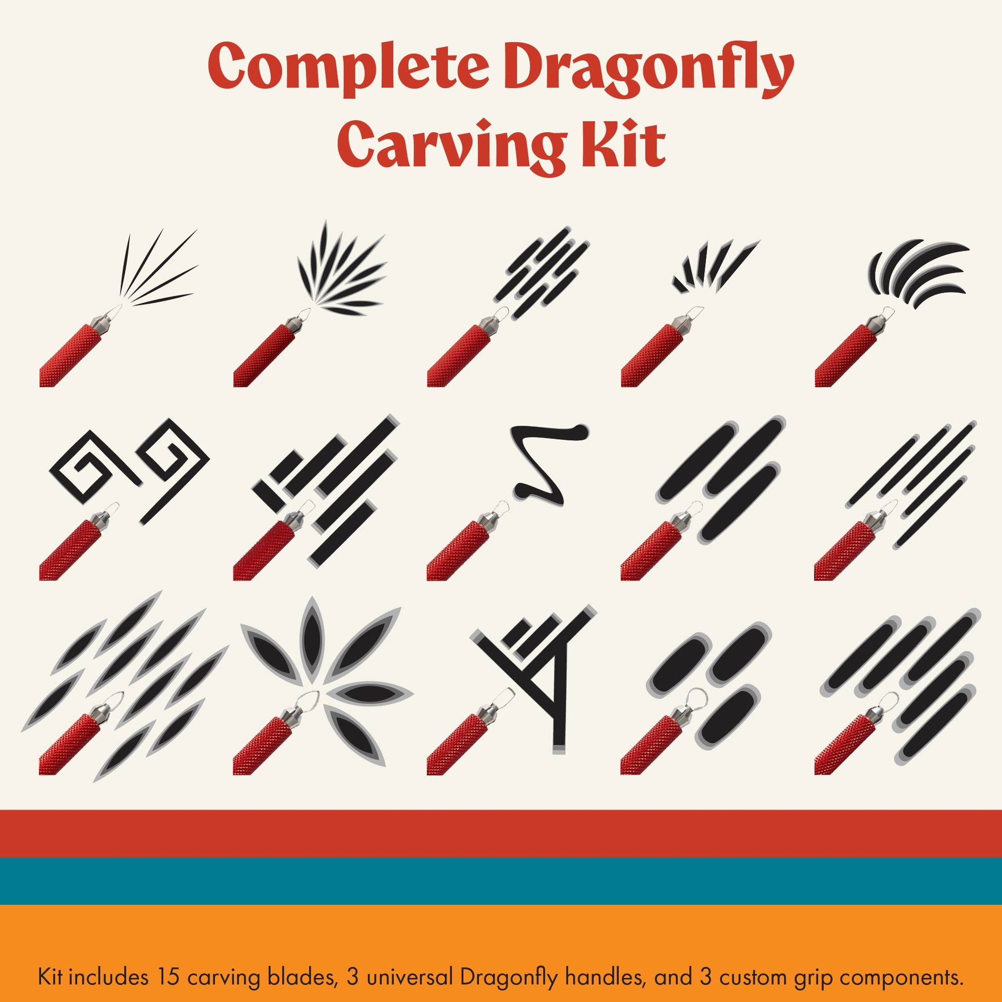 A product graphic for a 'Complete Dragonfly Carving Kit' showing multiple black dragonfly carving blade designs arranged in a grid over a light beige background, with red tool handles. Text at the top reads 'Complete Dragonfly Carving Kit' and text at the bottom says 'Kit includes Detail 1, Detail 2, and Arc 1 blade packs'.