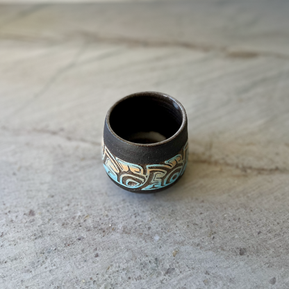 Charcoal Cup with Blue and Orange Carving